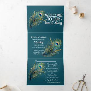 Invitación Tríptica Bienvenidos a nuestra historia de amor Peacock Gri