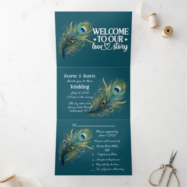 Invitación Tríptica Bienvenidos a nuestra historia de amor Peacock Gri (Interior)