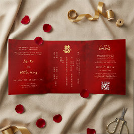 Invitación Tríptica BILINGÜE Rojo Oro Boda China