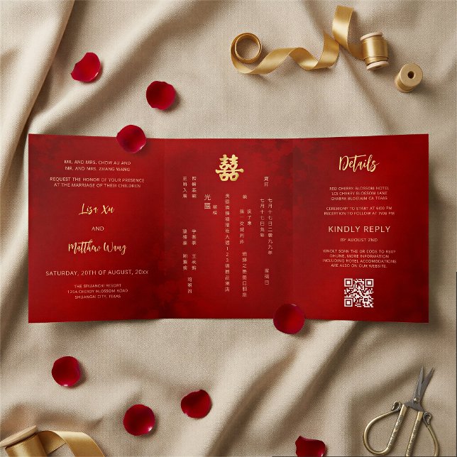 Invitación Tríptica BILINGÜE  Rojo Oro  Boda China (Subido por el creador)