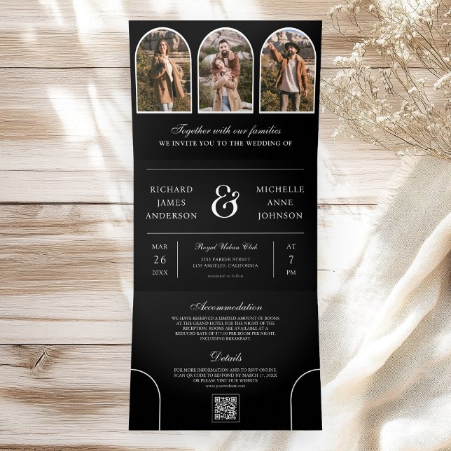 Invitación Tríptica Black and White Minimal Arch Photo QR code Wedding (Subido por el creador)