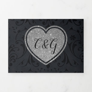 Invitación Tríptica Black Damask Silver Heart All in One Boda
