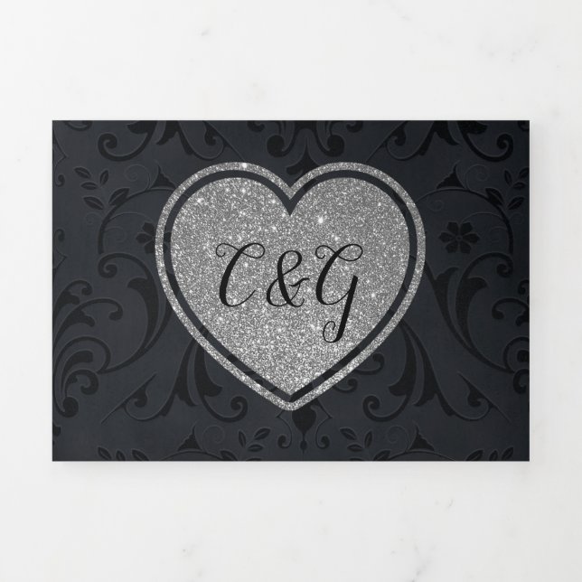 Invitación Tríptica Black Damask Silver Heart All in One Boda (Foto de portada)