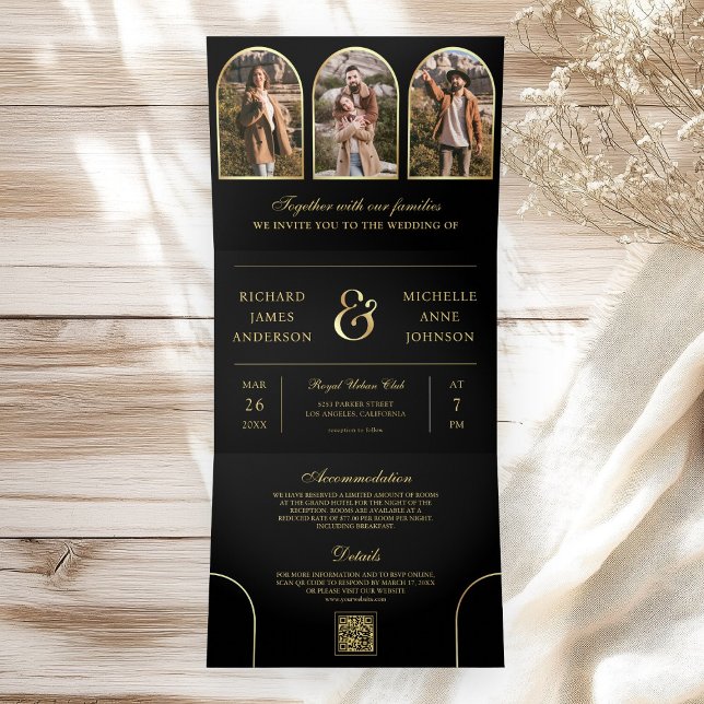 Invitación Tríptica Black Gold Minimal Arch Photo QR code Wedding (Subido por el creador)