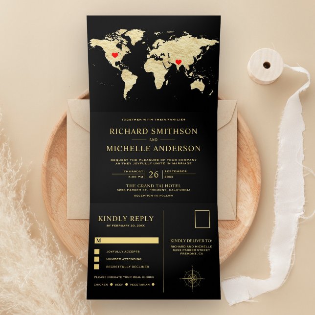 Invitación Tríptica Black Gold World Map All in One Wedding (Subido por el creador)