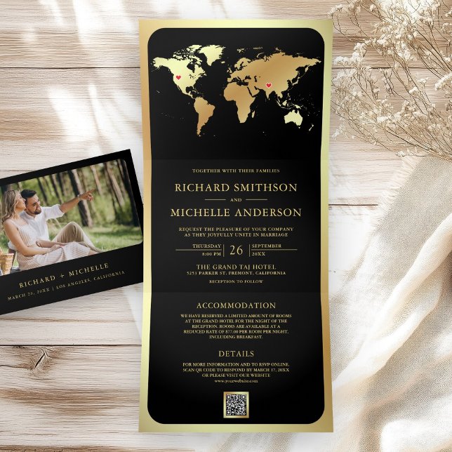 Invitación Tríptica Black Gold World Map QR Code Photo Wedding (Subido por el creador)