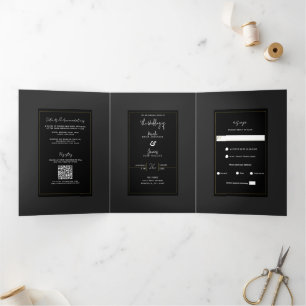 Invitación Tríptica Black Gray Gold Modern Minimal Elegant Wedding
