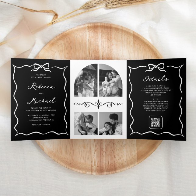 Invitación Tríptica Black Hand Drawn White Bow QR Code Photo Wedding (Subido por el creador)