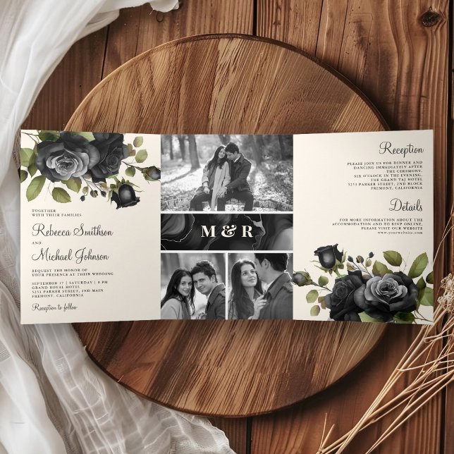Invitación Tríptica Black Roses Floral Photo Collage Cream Wedding (Subido por el creador)