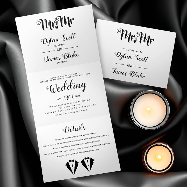 Invitación Tríptica Black tuxedo Mr and Mr two grooms gay wedding (Subido por el creador)