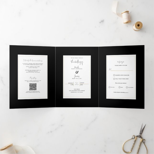 Invitación Tríptica Black White Gold Modern Minimal Elegant Wedding (Interior)
