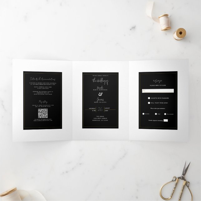 Invitación Tríptica Black White Gold Modern Minimal Elegant Wedding (Interior)