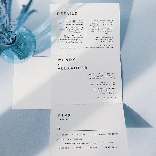 Invitación Tríptica Blanco Moderno negrita Boda todo en uno (Subido por el creador)