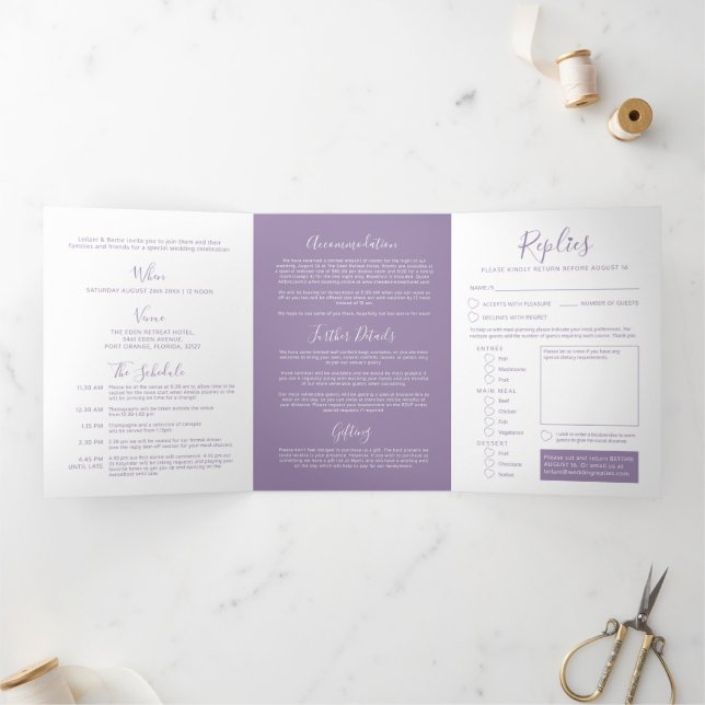 Invitación Tríptica Blanco morado boda todo en uno (Interior)