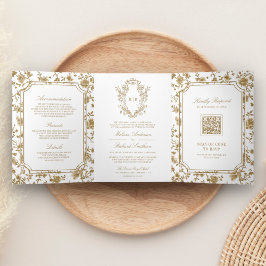 Invitación Tríptica Blanco y dorado código QR con cresta de chinoiseri