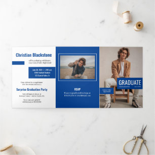 Invitación Tríptica Bloques de la graduación azul de cuatro fotos