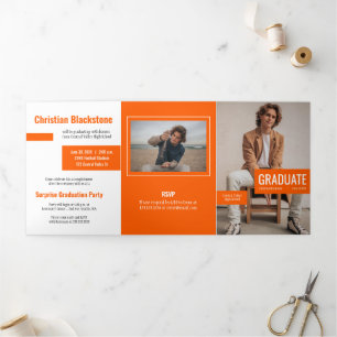 Invitación Tríptica Bloques de Naranja Cuatro-Foto Graduación