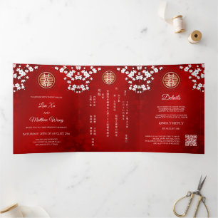 Invitación Tríptica Blossom Blanca Rojo Boda China