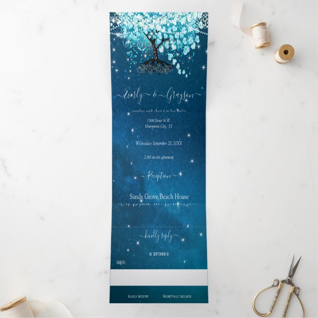 Invitación Tríptica Blue Aqua Turquoise Heart Leaf Tree Boda (Interior)