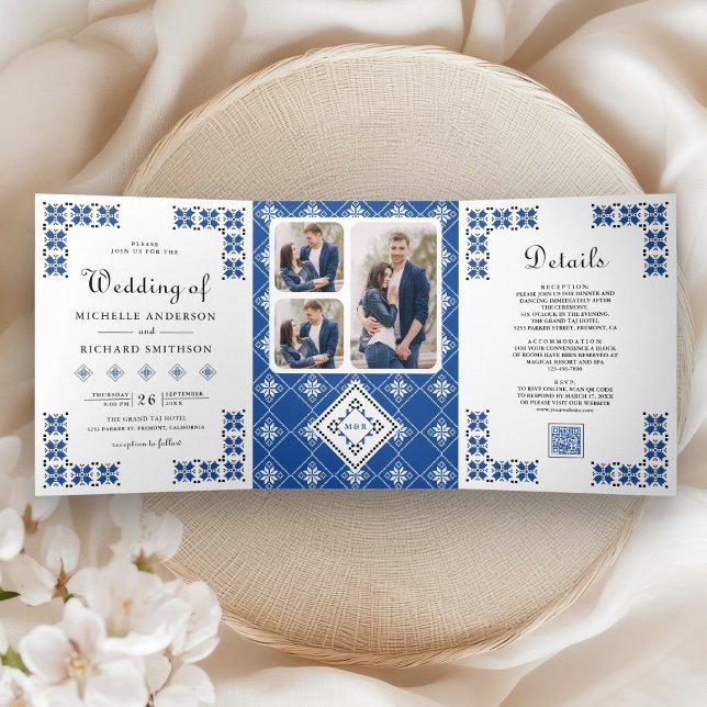 Invitación Tríptica Blue Black Ukrainian Embroidery QR Code Wedding (Subido por el creador)