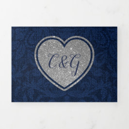Invitación Tríptica Blue Damask Silver Heart All in One Boda