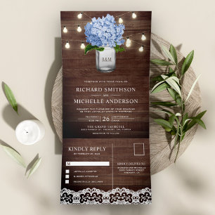 Invitación Tríptica Blue Hydrangea Mason Jar String Luces Boda