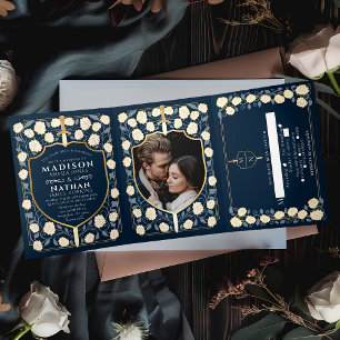 Invitación Tríptica Blue Sword & Shield Medieval Fantasy Boda