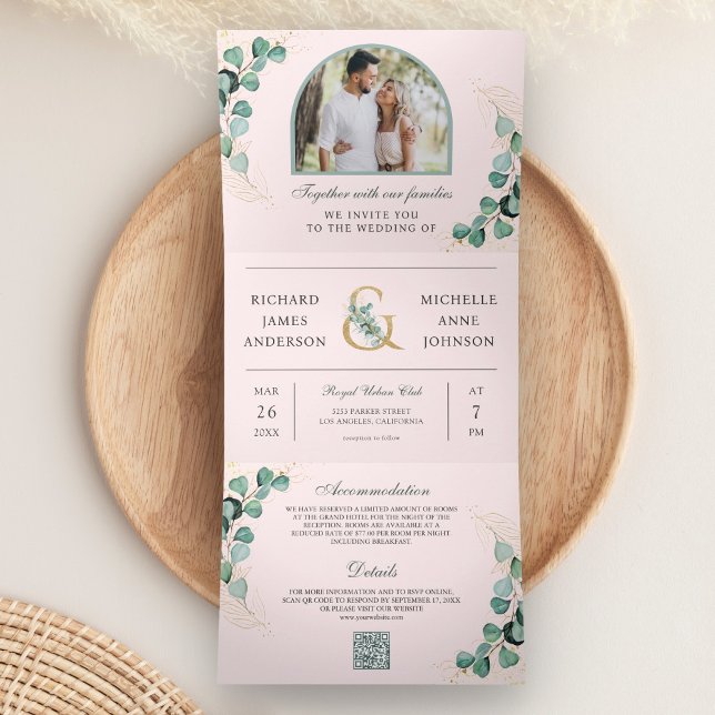 Invitación Tríptica Blush Pink Eucalyptus Arch Photo QR Code Wedding (Subido por el creador)