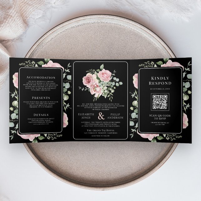 Invitación Tríptica Blush Pink Floral Eucalyptus Black QR Code Wedding (Subido por el creador)
