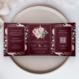 Invitación Tríptica Blush Pink Floral Eucalyptus Burgundy Wedding