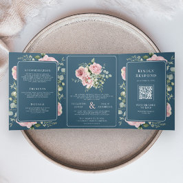 Invitación Tríptica Blush Pink Floral Eucalyptus Dusty Blue Wedding