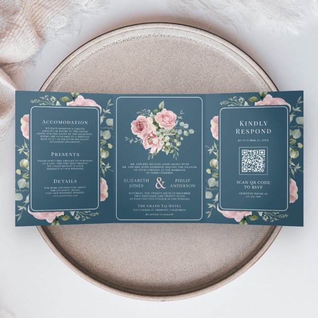 Invitación Tríptica Blush Pink Floral Eucalyptus Dusty Blue Wedding (Subido por el creador)