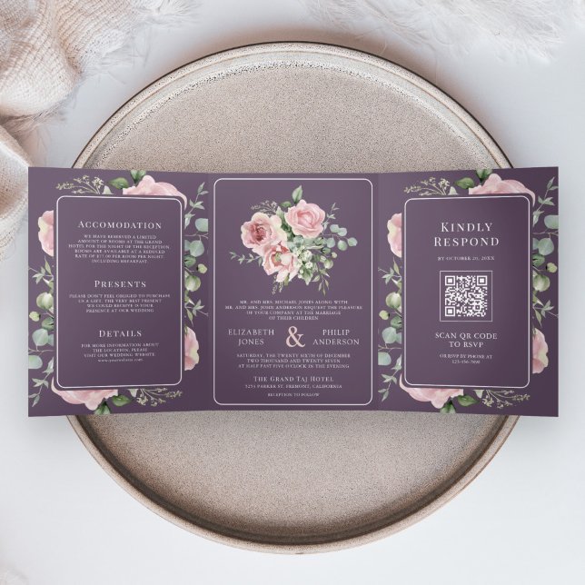 Invitación Tríptica Blush Pink Floral Eucalyptus Dusty Purple Wedding (Subido por el creador)