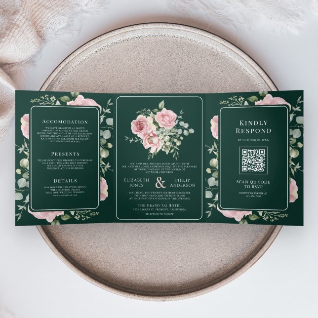 Invitación Tríptica Blush Pink Floral Eucalyptus Emerald Green Wedding (Subido por el creador)
