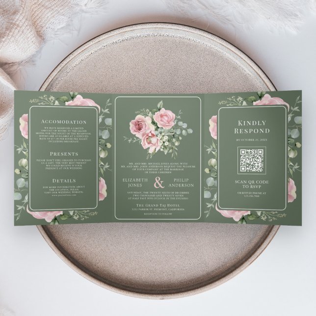 Invitación Tríptica Blush Pink Floral Eucalyptus Sage Green Wedding (Subido por el creador)