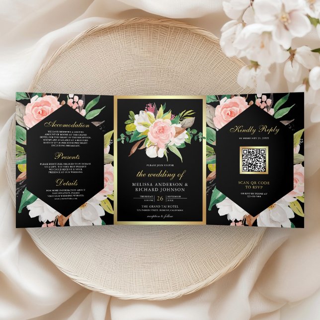 Invitación Tríptica Blush Pink Floral Gold QR Code Black Wedding (Subido por el creador)
