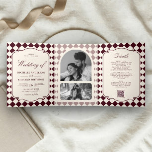Invitación Tríptica Boda a cuadros marfil burgundy de dinero antiguo v