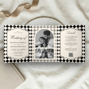 Invitación Tríptica Boda a cuadros marfil negro dinero viejo vintage