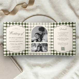 Invitación Tríptica Boda a cuadros verde oliva marfil de dinero antigu