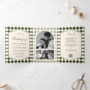 Invitación Tríptica Boda a cuadros verde oliva marfil de dinero antigu
