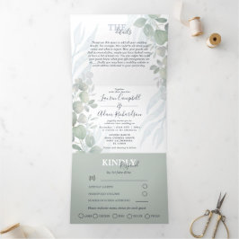 Invitación Tríptica Boda acuarela rústica de eucalipto en verde salvia