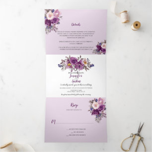 Invitación Tríptica Boda acuarela violeta púrpura  