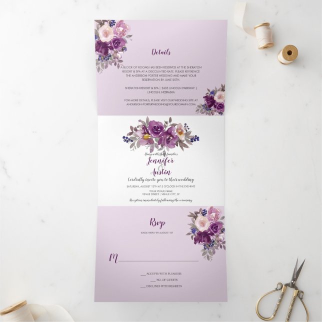 Invitación Tríptica Boda acuarela violeta púrpura | (Interior)