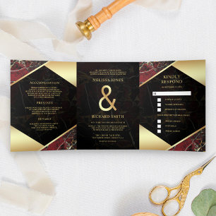 Invitación Tríptica Boda Ampersand de Mármol Rojo Burgundy Moderno con