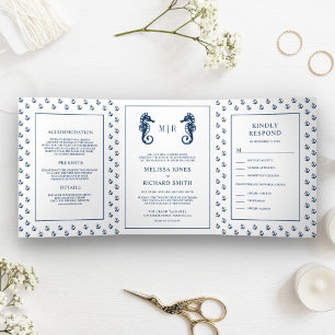 Invitación Tríptica Boda Ancla Náutica Blanca y Azul Caballito de Mar