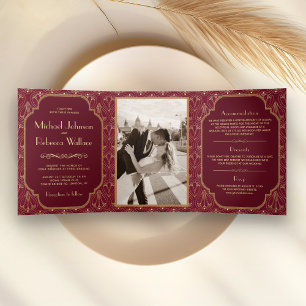Invitación Tríptica Boda Art Déco Vintage Borgoña Gran Gatsby