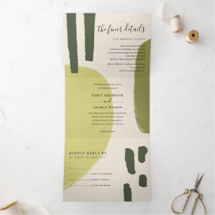 INVITACIÓN TRÍPTICA BODA ARTÍSTICO VERDE MODERNO ABSTRACTO LÍMITE BLAN