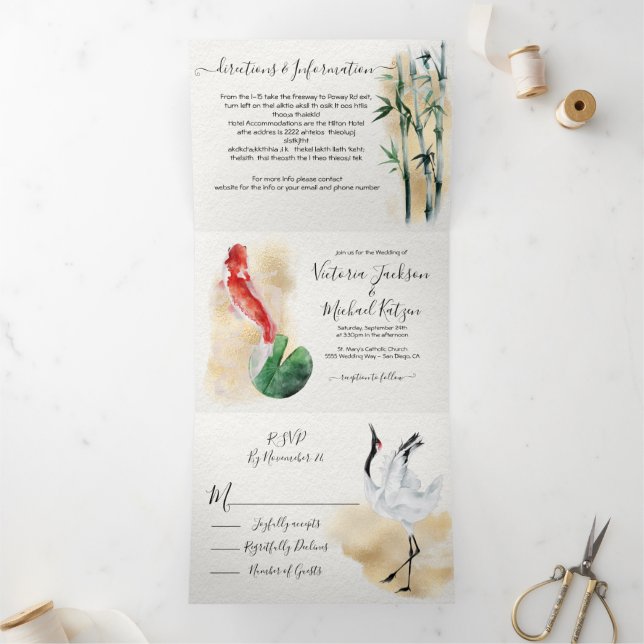 Invitación Tríptica Boda asiático de oro suave (Interior)