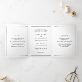 Invitación Tríptica Boda atemporal elegante blanca y negra