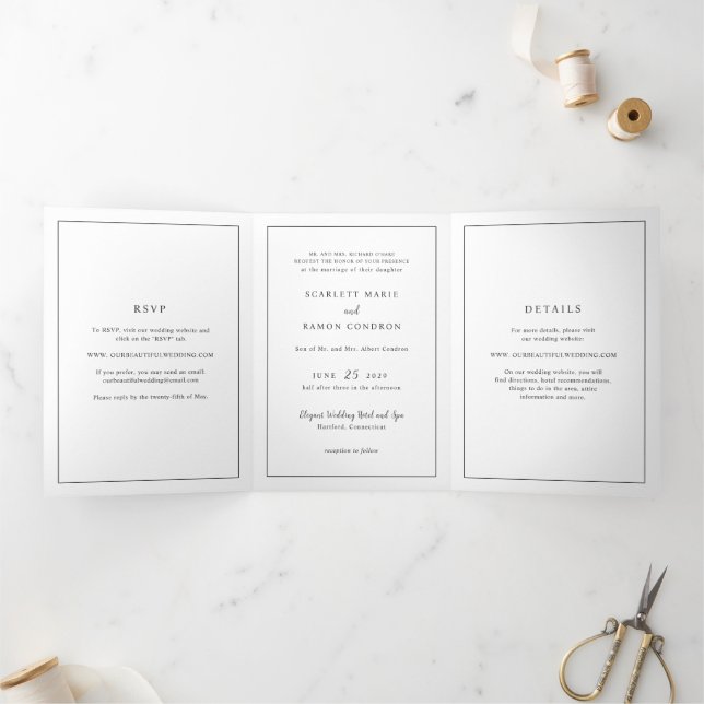Invitación Tríptica Boda atemporal elegante blanca y negra (Interior)